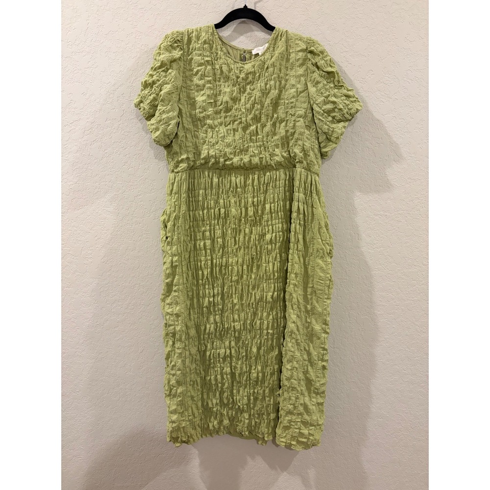 All Row Green Textured Puckered Short Puff Sleeve Midi Dress Size Large